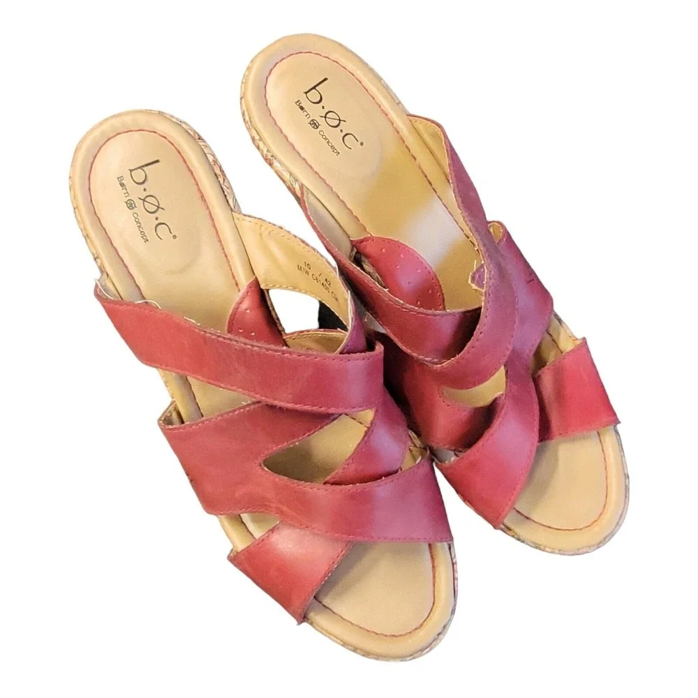 Born BOC‎ Wedge Sandals Women's 10 Red Leather Floral Platform Slip On Comfort